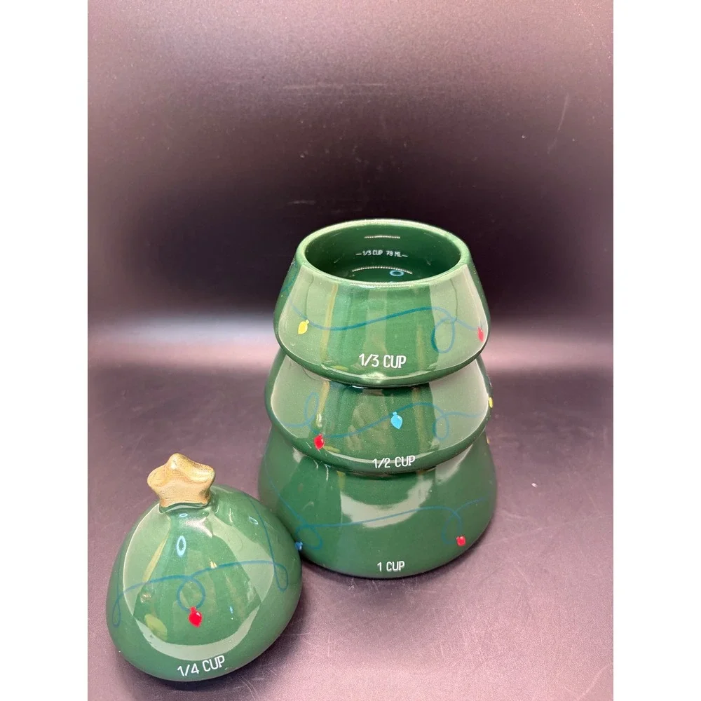 Christmas Tree Ceramic Nesting Measuring‎ Cup Set 4 Piece Green Holiday Decor